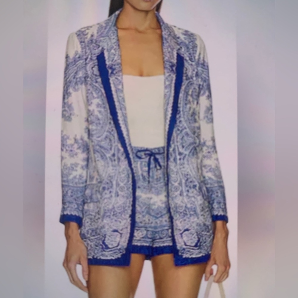 ALLSAINTS Blue and White Paisley Blazer and Shorts Set Size 2